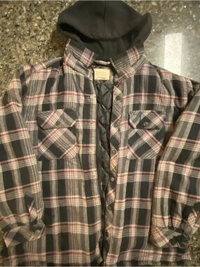Boston Traders Black, Gray & Burgundy Plaid Hooded Flannel Jacket